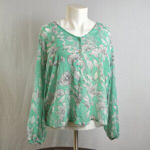 A New Day Blouse Women's Green Floral Long Sleeve Drawstring Tie Back Size M